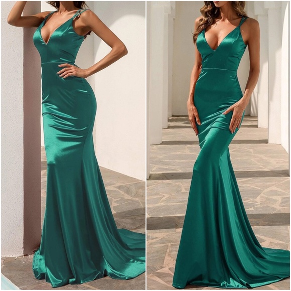 Luxe Satin Sexy Evening Prom Wedding Formal Prom Dress - Picture 5 of 9